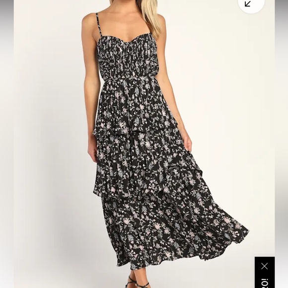Lulus Dresses & Skirts - Lulu's Black Floral Tiered Midi Dress with Light Pink Blooms
